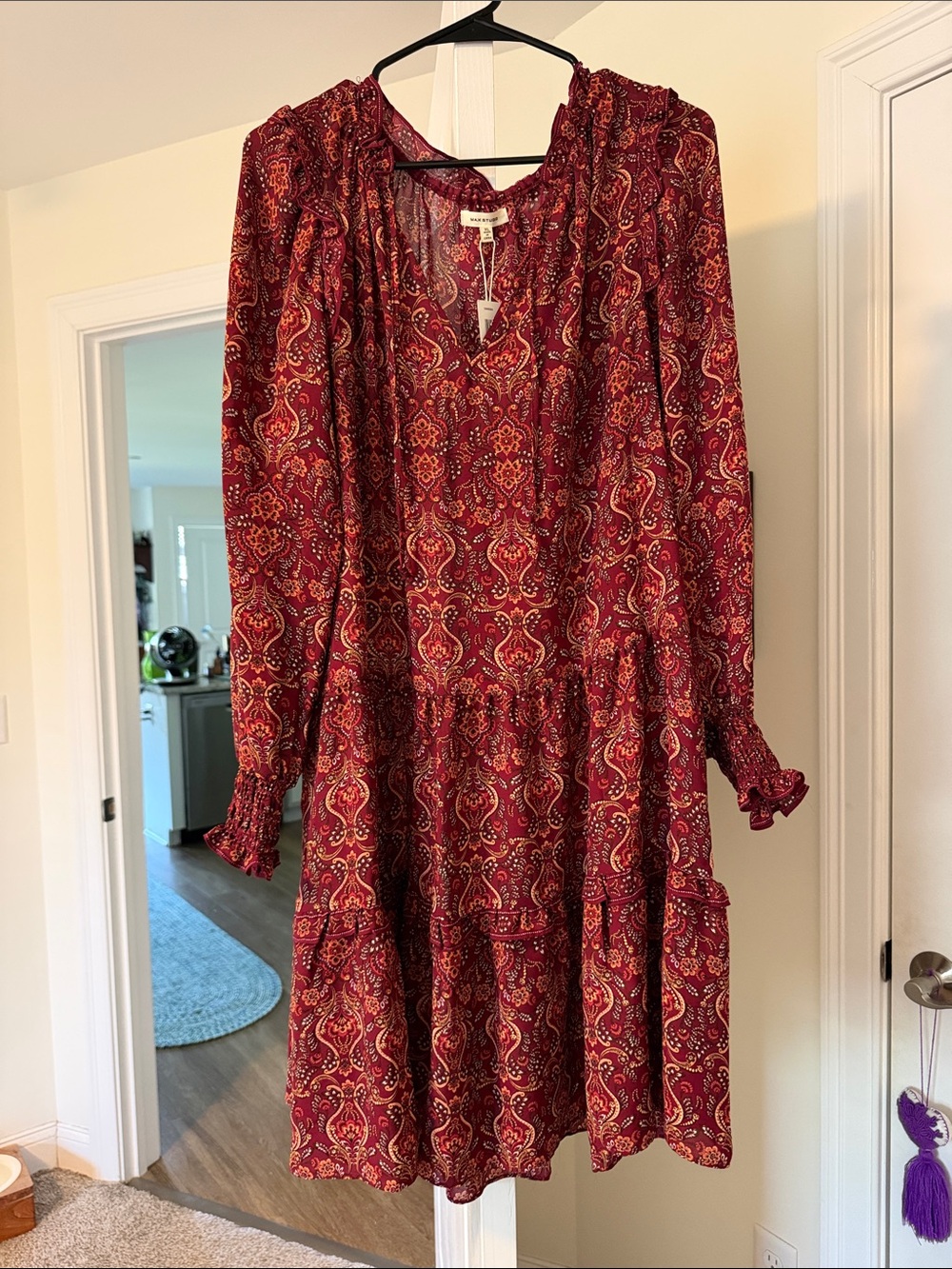 Max Studio Burgundy Paisley Long-Sleeve Tiered Dress